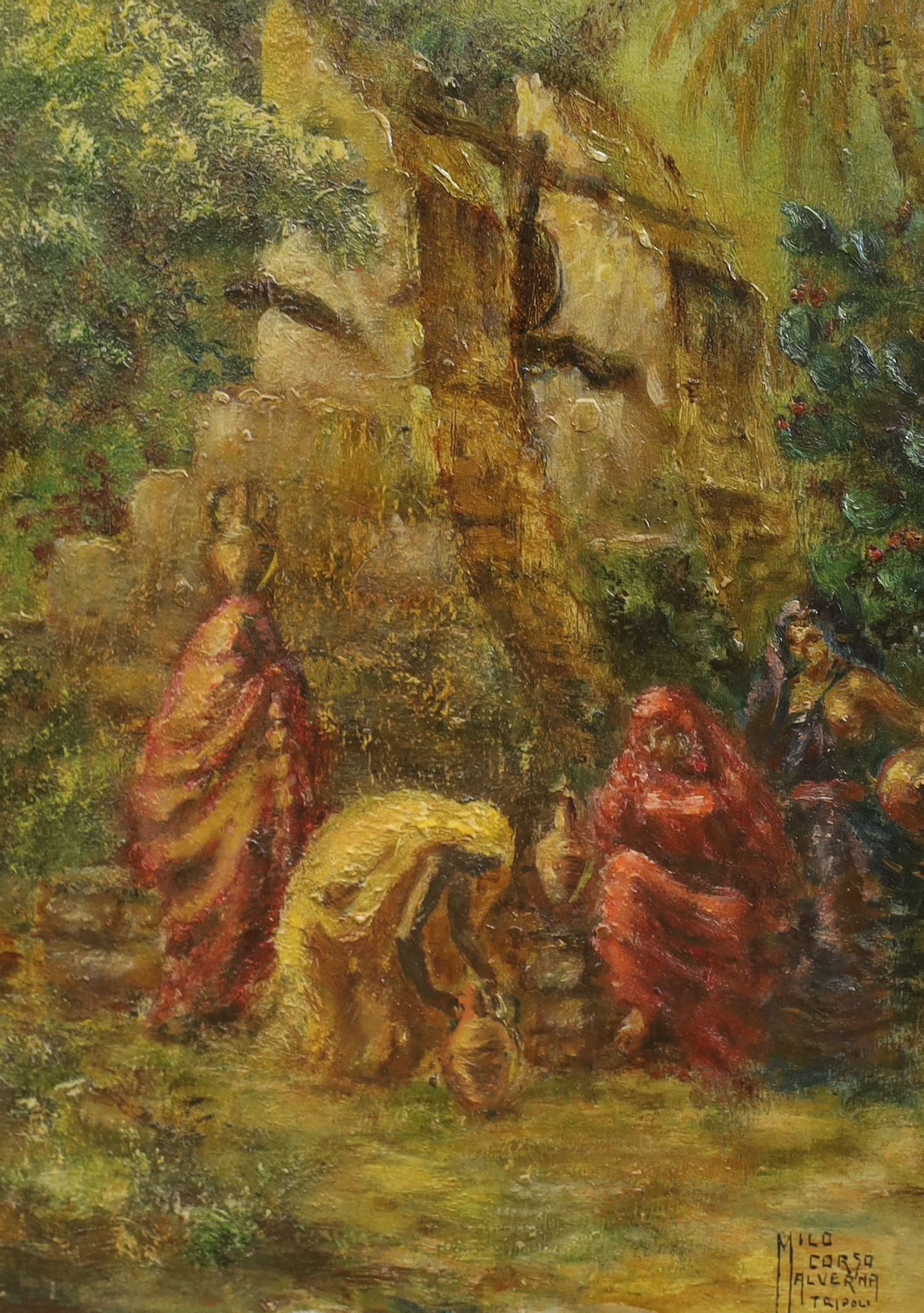 Milo Corsa Alverna, set of three oils on board, Street scenes with figures and villas, each signed, two inscribed 'Tripoli', largest 49 x 39cm